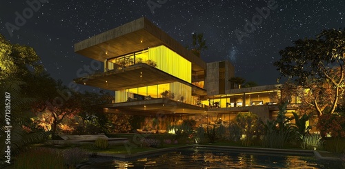 Lighting design for a low-rise country office with yellow light. The LED strip emphasizes the aesthetics of the metallized facade.