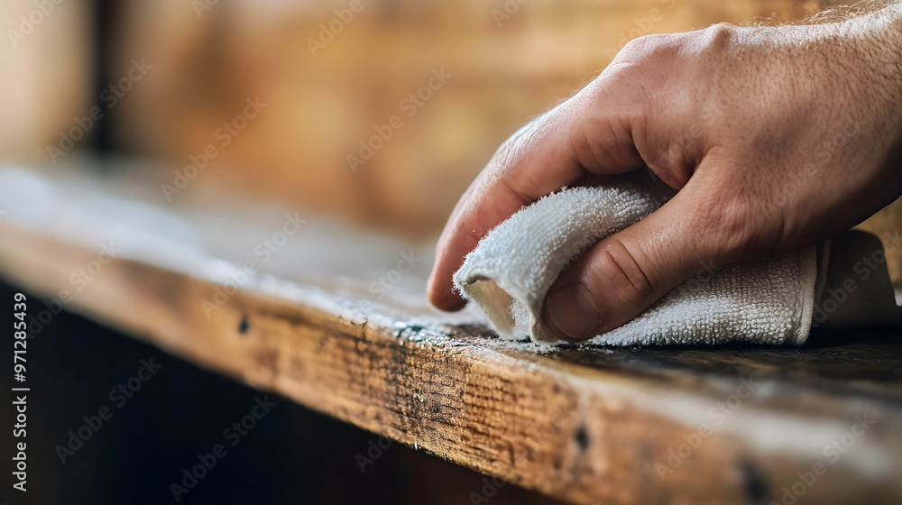 A close-up of a hand dusting a shelf with a soft cloth, removing dust from delicate items. Hobbies and home cleaning concept. A close-up of a hand dusting a shelf with a soft cloth, removing dust from delicate items. Hobbies and home cleaning concept.