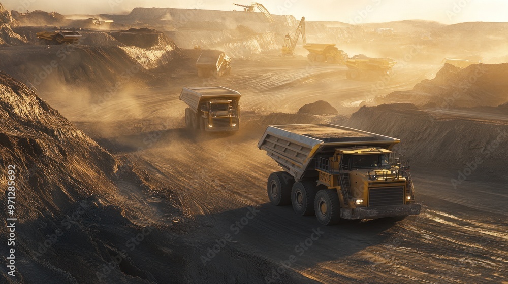 Two yellow construction vehicles are driving through a muddy field Two yellow construction vehicles are driving through a muddy field