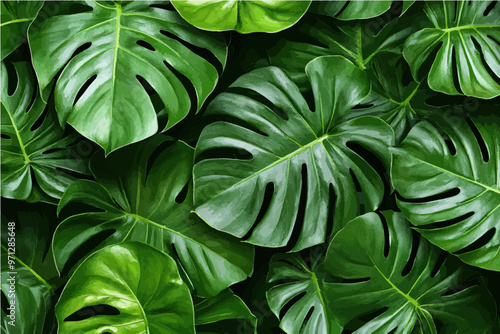 Top view of lush green Monstera deliciosa leaves, a tropical foliage background-gigapixel-art-scale-4_00x