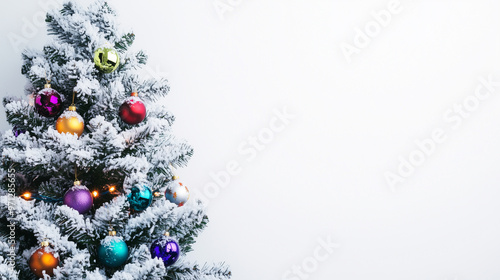  Christmas tree with colorful ornaments and twinkling lights on white background, copy space for text