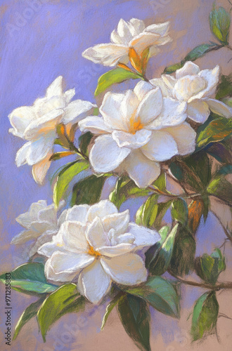 A pastel sketch of gardenias with soft shadows and gentle highlights