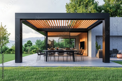 The photo shows a modern patio with a pergola outdoor. It is generated using stock.