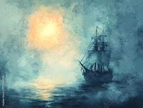 Fairytale ship glowing as it sails through a misty enchanted sea, Watercolor style