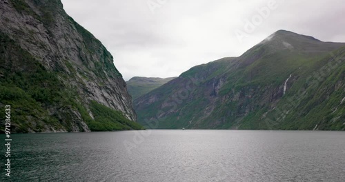 View of the Geirangerfjord and surrounding mountains from a cruise boat, Norway