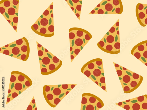 Texture with pizza. Wallpaper, pattern with pastries on yellow background. Italian cuisine. Vector illustration