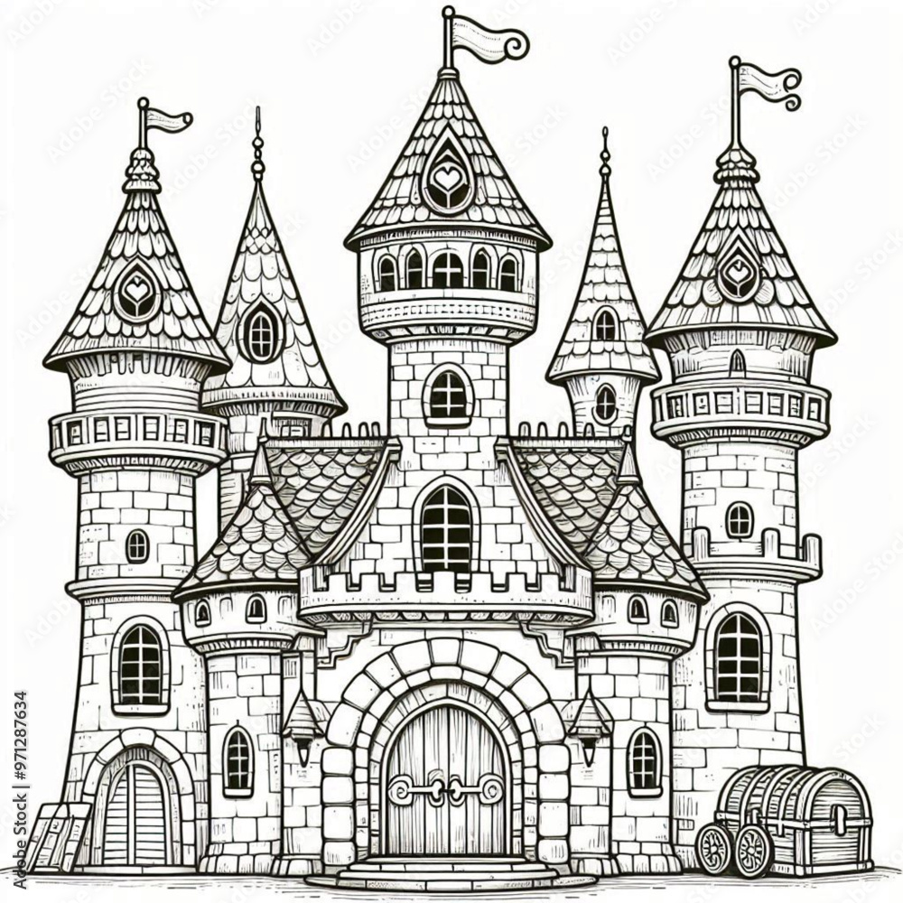 Fototapeta premium Intricate Fairytale Castle Illustration Perfect for Coloring Book Pages Design