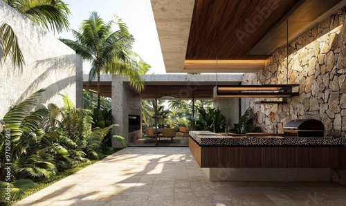 An outdoor entertainment area with a barbecue and Stock content