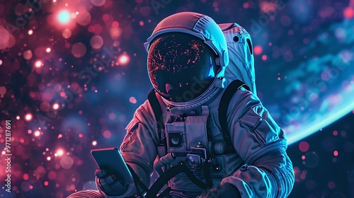 An astronaut, enveloped in vibrant pink and purple lights, holds a smartphone in space. The futuristic scene features an astronaut interacting with technology amidst a cosmic backdrop.