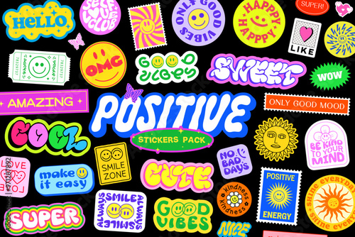 Cool Pop Art Stickers Pack Vector Design. Positive Groovy Patches Set. Collection Of Trendy Smile Badges.