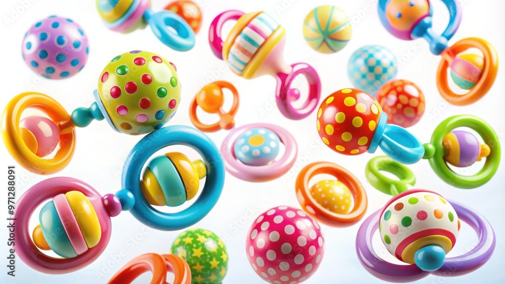 Floating Colorful Baby Rattles on White Background Floating Colorful Baby Rattles on White Background