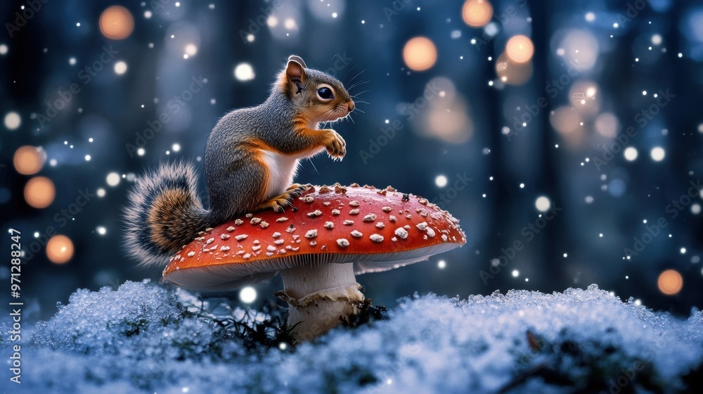 Fototapeta premium A squirrel sitting on top of a mushroom in the snow