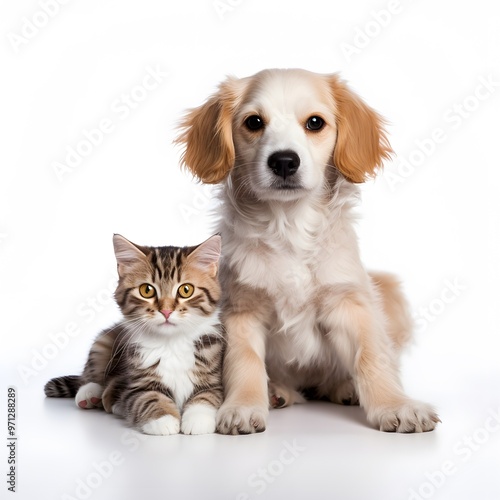 cat and dog sitting together isolated on white