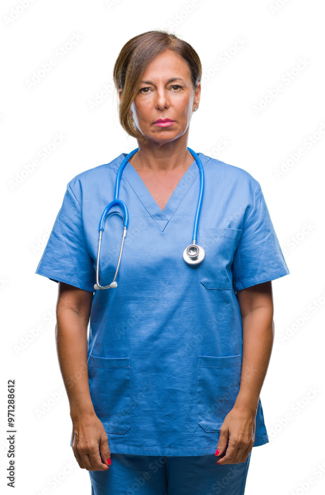 Middle age senior nurse doctor woman over isolated background with serious expression on face. Simple and natural looking at the camera. Middle age senior nurse doctor woman over isolated background with serious expression on face. Simple and natural looking at the camera.