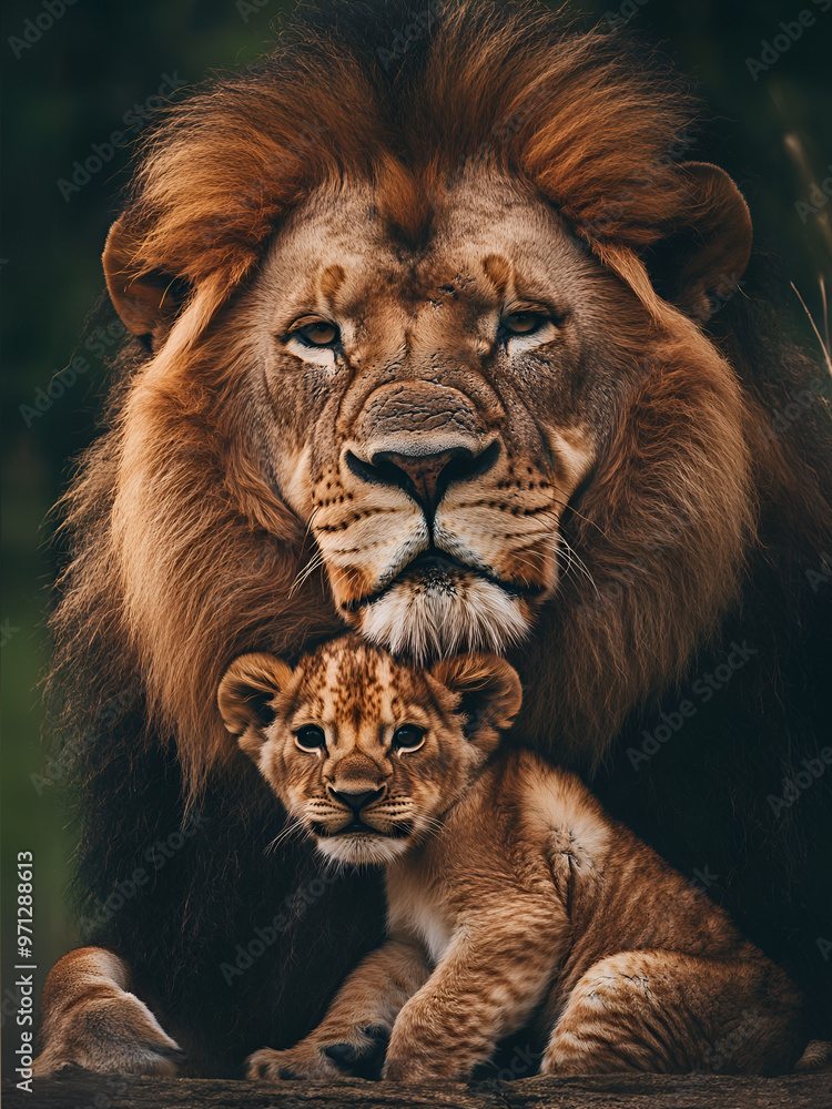 Naklejka premium Lion adult and cub , african animals mammal wildlife , isolated