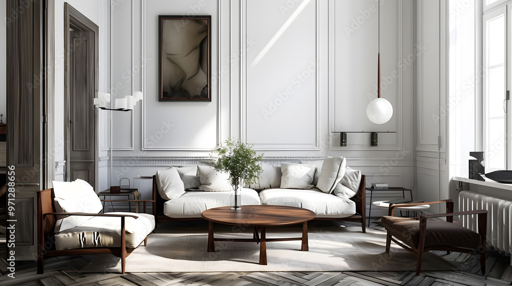 Fototapeta premium Classic Scandinavian interior 3d render. Generative Ai.