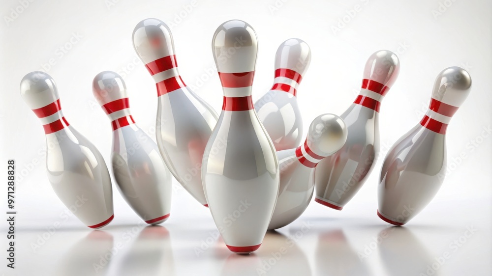 Set of Bowling Pins Falling on White Background
