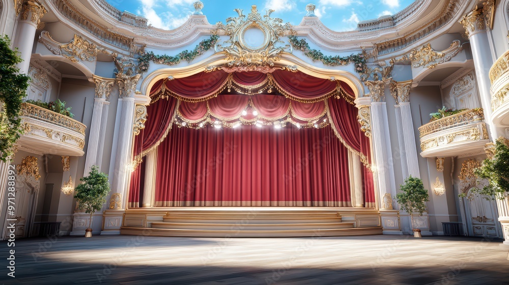 Fototapeta premium Elegant theater stage with vibrant red curtains, intricate decor, and soft lighting, perfect for performances and events.