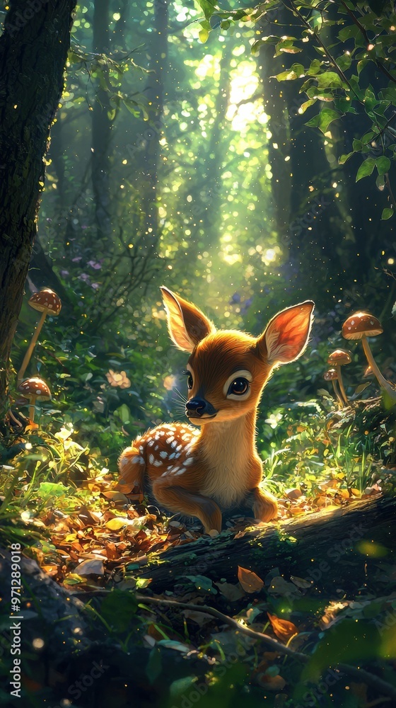 Fototapeta premium A fawn sitting in the middle of a forest