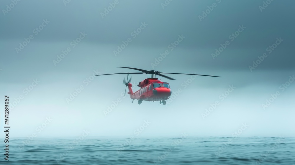 Dramatic Fog and Calm Sea: Red Helicopter in Coastal Rescue Mission Dramatic Fog and Calm Sea: Red Helicopter in Coastal Rescue Mission