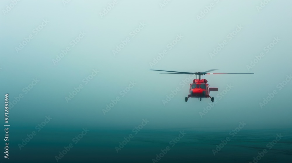 Red Helicopter Amidst Heavy Fog Over Peaceful Ocean Waters Red Helicopter Amidst Heavy Fog Over Peaceful Ocean Waters