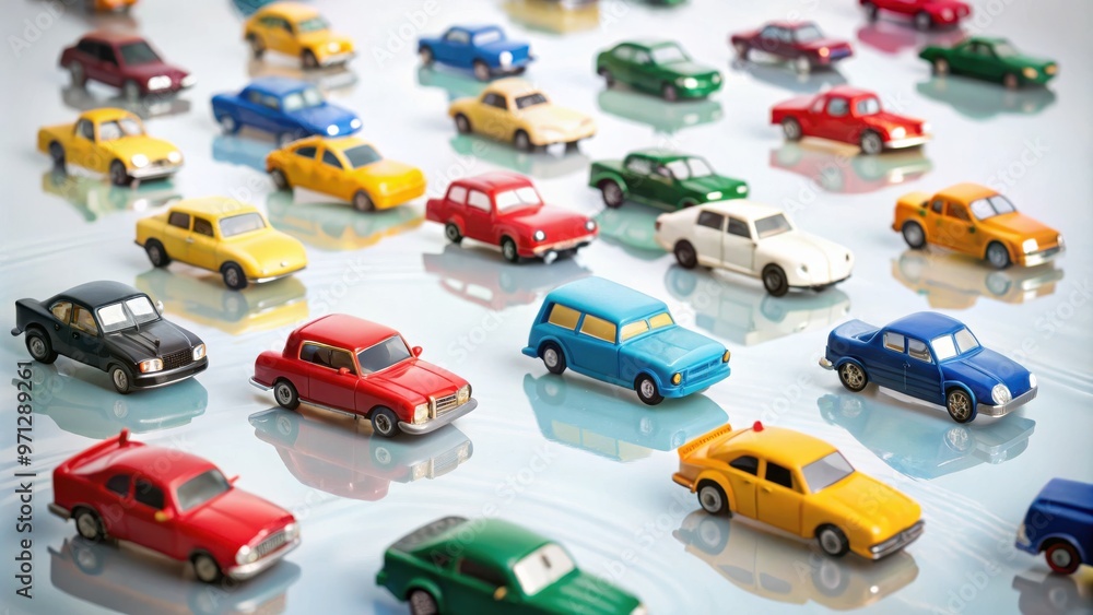 Colorful Toy Cars Displayed on Reflective Surface Colorful Toy Cars Displayed on Reflective Surface