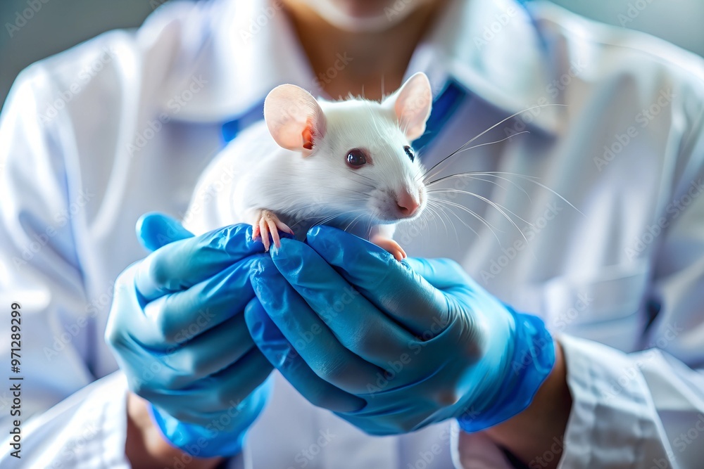 A lab scientist holds a small white mouse in their blue-gloved hands. The scene takes place in a sterile research facility, highlighting the mouse’s role in biomedical and scientific experiments. A lab scientist holds a small white mouse in their blue-gloved hands. The scene takes place in a sterile research facility, highlighting the mouse’s role in biomedical and scientific experiments.