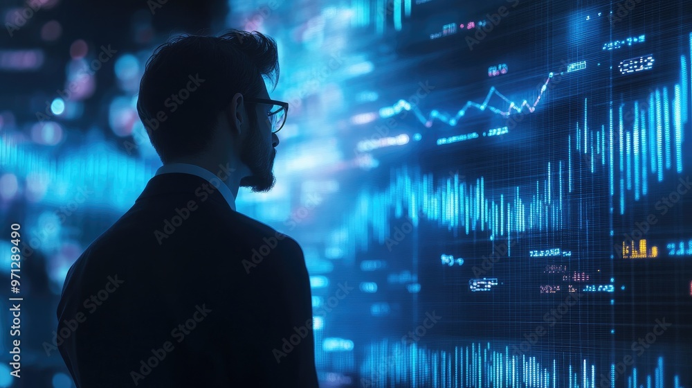 A businessman in a suit and glasses stands in front of a large screen displaying graphs, charts and numbers, analyzing data. A businessman in a suit and glasses stands in front of a large screen displaying graphs, charts and numbers, analyzing data.