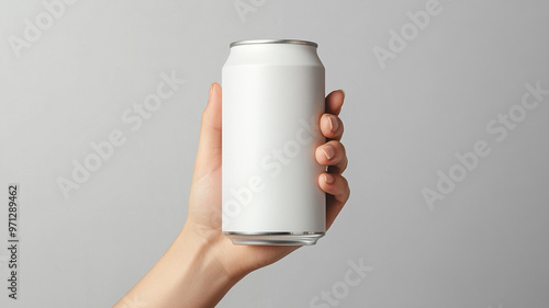A hand holding a blank white can mockup