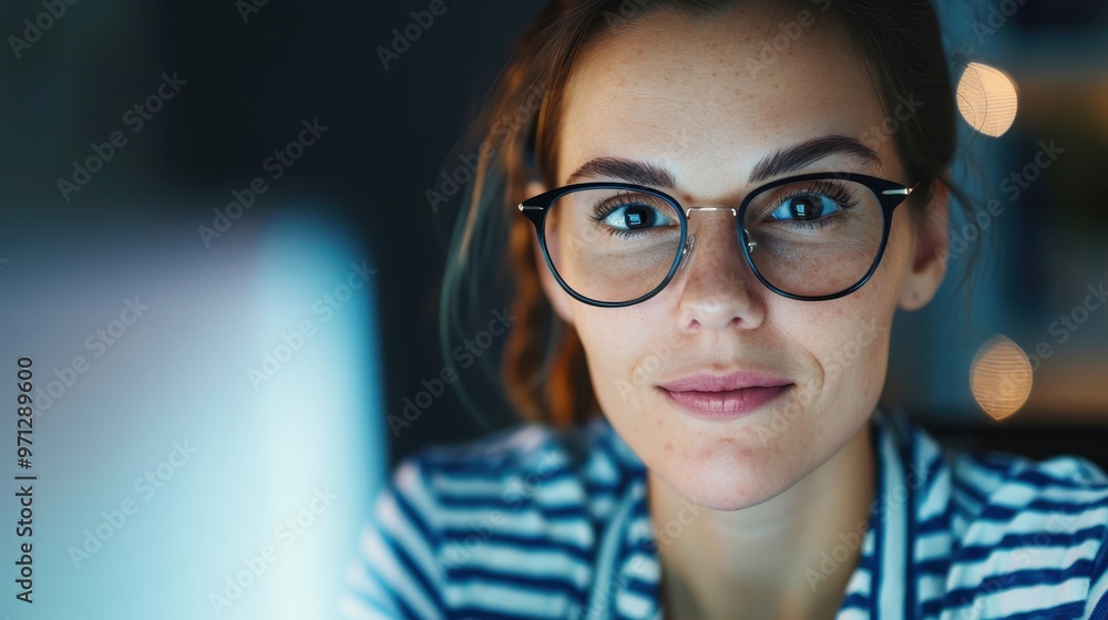 Focused woman wearing glasses, working late at night in a dimly lit office, with glowing computer screens in the background. Focused woman wearing glasses, working late at night in a dimly lit office, with glowing computer screens in the background.