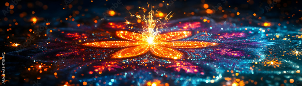 Obraz premium Vibrant Abstract Rangoli with Sparklers - A Colorful Digital Art Banner Capturing Festival Essence with Intricate Details and Modern Twist
