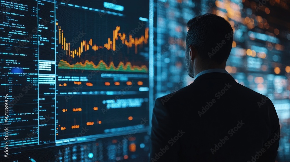 A businessman in a suit stands in front of a large screen displaying stock market data. A businessman in a suit stands in front of a large screen displaying stock market data.