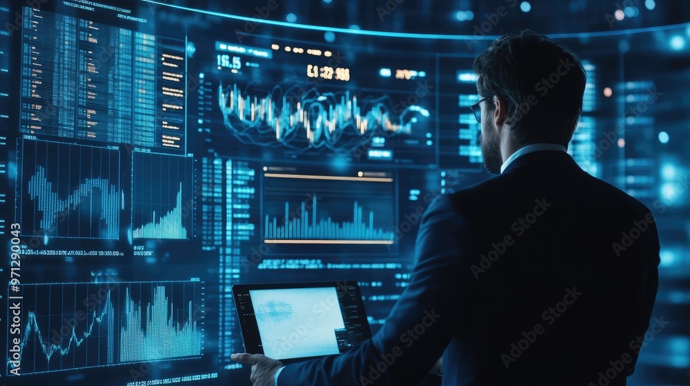 A businessman analyzes data displayed on a large screen in a modern office. A businessman analyzes data displayed on a large screen in a modern office.
