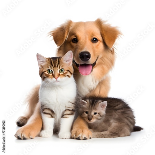 cat and dog sitting together isolated on white