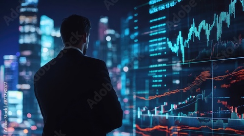 A businessman stands in front of a large screen displaying financial data and charts in a city at night. He is looking at the screen, contemplating the data.