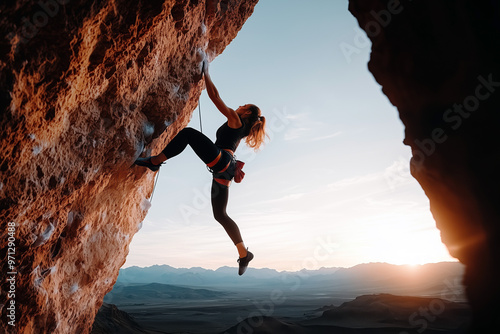 Determined woman climber ascends challenging rock face, silhouetted against breathtaking mountain sunset. Adventure, strength, and nature's beauty converge in this awe inspiring moment.