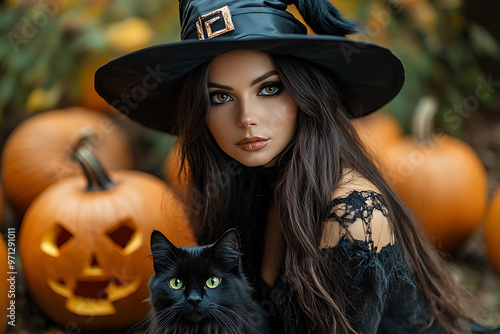 A beautiful witch wearing a black magic hat stands with a broom, while a black cat sits at her feet. Carved Halloween pumpkins are placed on the ground, creating a festive scene