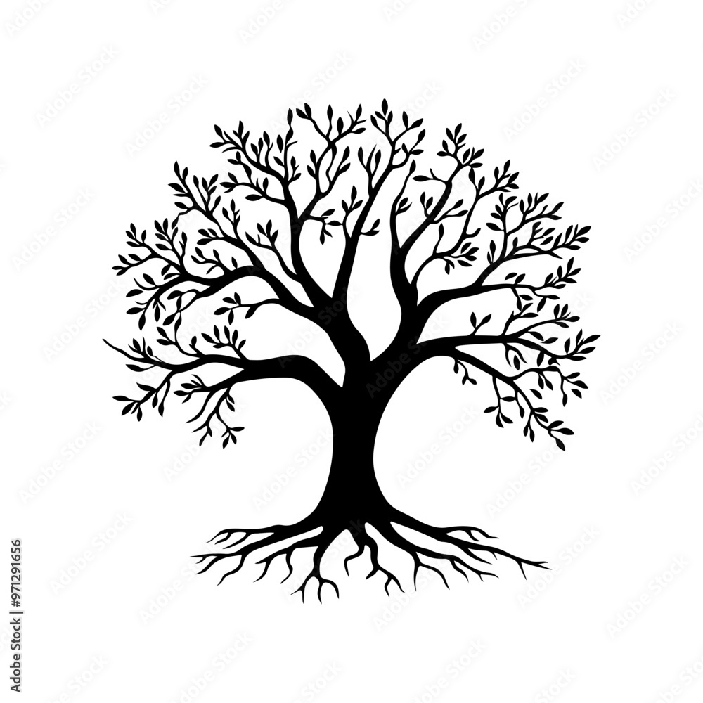 Fototapeta premium Black vector silhouette of a tree with sprawling branches and roots isolated on white