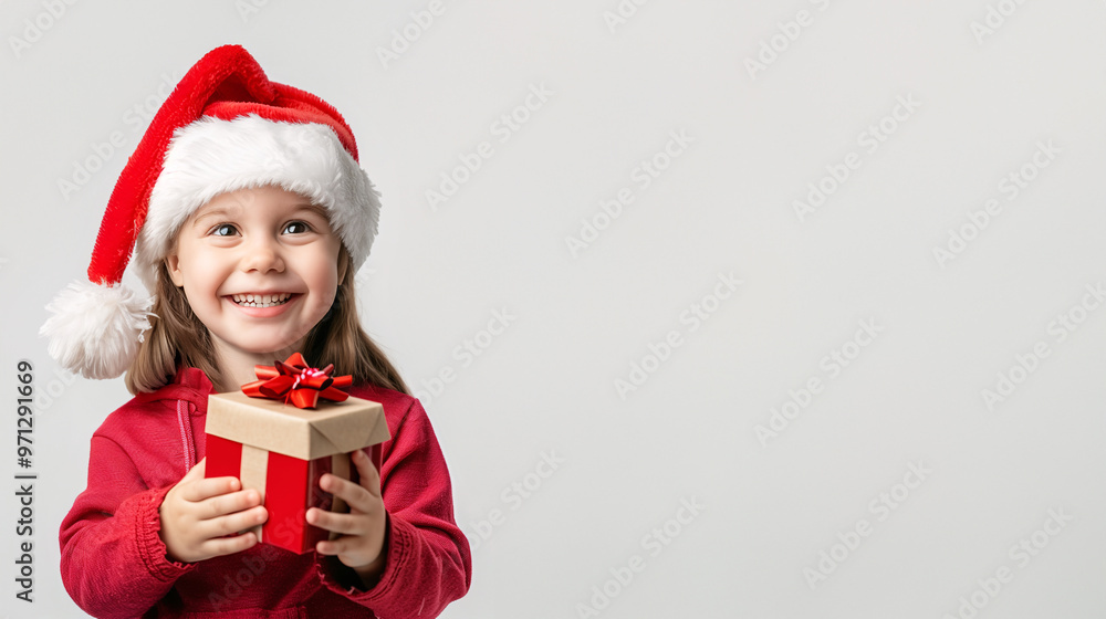 A cute and happy American white girl dressing in the Christmas costume like a Santa Claus and holding a gift box on a plain white background with copy space for text. A cute and happy American white girl dressing in the Christmas costume like a Santa Claus and holding a gift box on a plain white background with copy space for text.