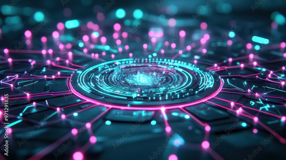 Futuristic digital network with glowing particles and vibrant colors, perfect for tech and innovation themes.