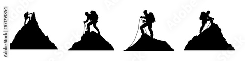 Black vector silhouette of a mountain climber reaching the summit set isolated