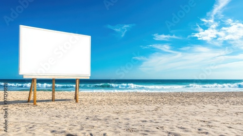 Blank Billboard Sign on a Beach with Blue Sky and Ocean