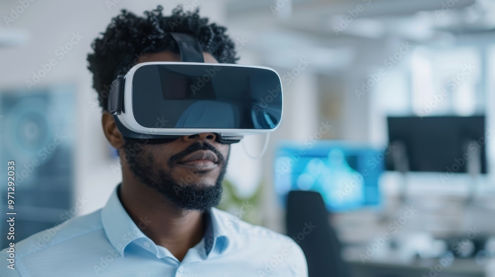 Close-up of a man wearing a virtual reality headset in a modern office, symbolizing the use of VR technology for innovation, immersive experiences, and futuristic digital environments. Close-up of a man wearing a virtual reality headset in a modern office, symbolizing the use of VR technology for innovation, immersive experiences, and futuristic digital environments.