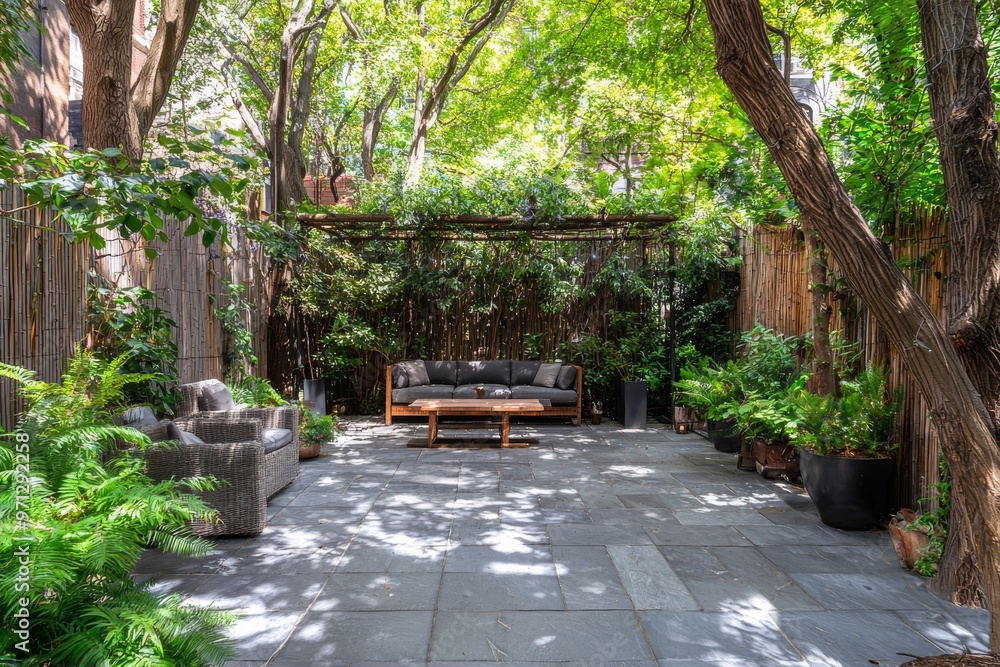 A lush green backyard surrounded by lush green foliage on a sunny day with patio furniture and trees A lush green backyard surrounded by lush green foliage on a sunny day with patio furniture and trees