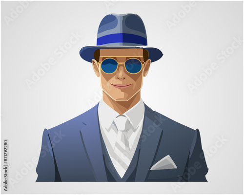 Stylish Secret Agent in Suit and Hat with Sunglasses | Vector Illustration