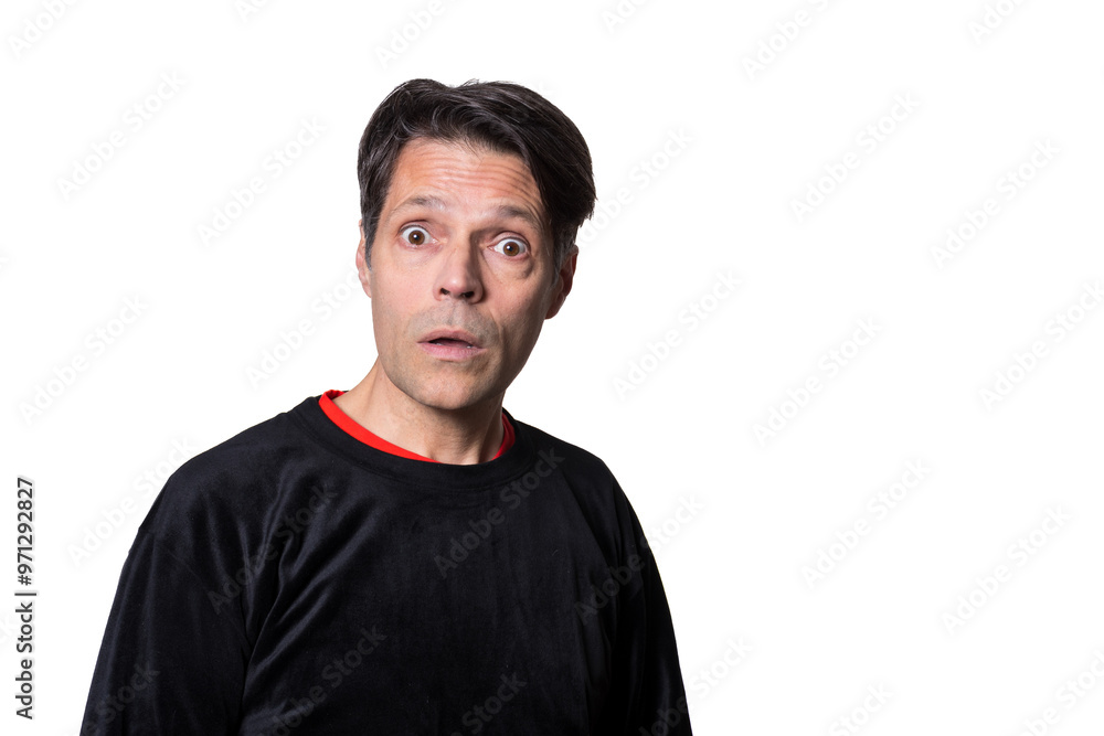 Middle-aged man with astonished expression, on white background, wearing casual clothes. Middle-aged man with astonished expression, on white background, wearing casual clothes.