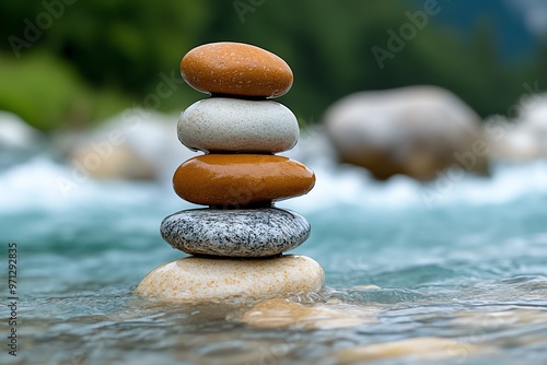 A pile of smooth river rocks stacked carefully by the waterâ€™s edge, with the current gently flowing around them photo