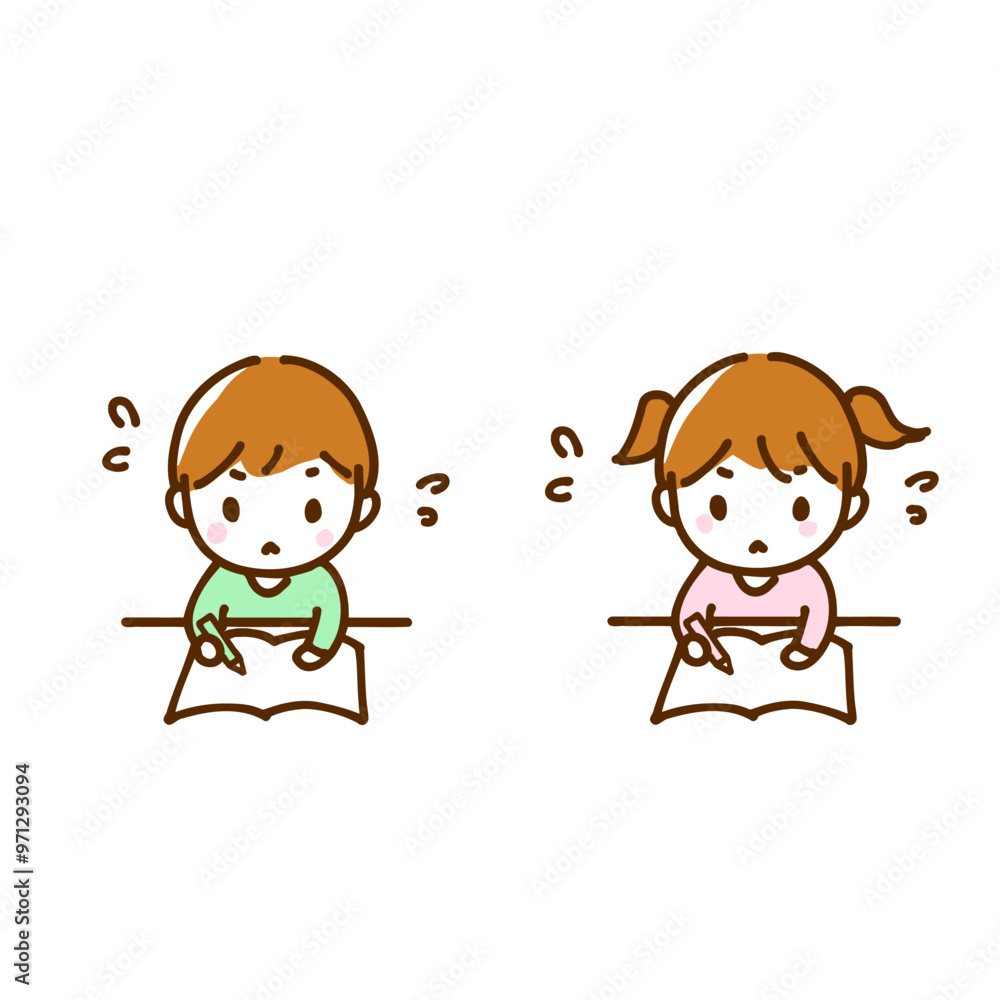 Hand drawn line drawing illustration of a little boy and girl studying frantically. Hand drawn line drawing illustration of a little boy and girl studying frantically.