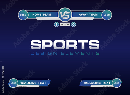 Blue Modern Sports Scoreboard Vector Overlay Template with Team Logos and Match Details. Editable vector graphics
