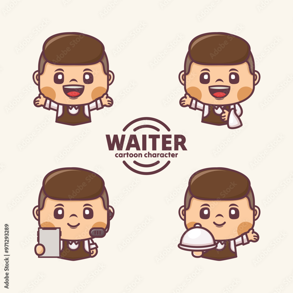 Waiter cartoon character with different poses and expressions Waiter cartoon character with different poses and expressions